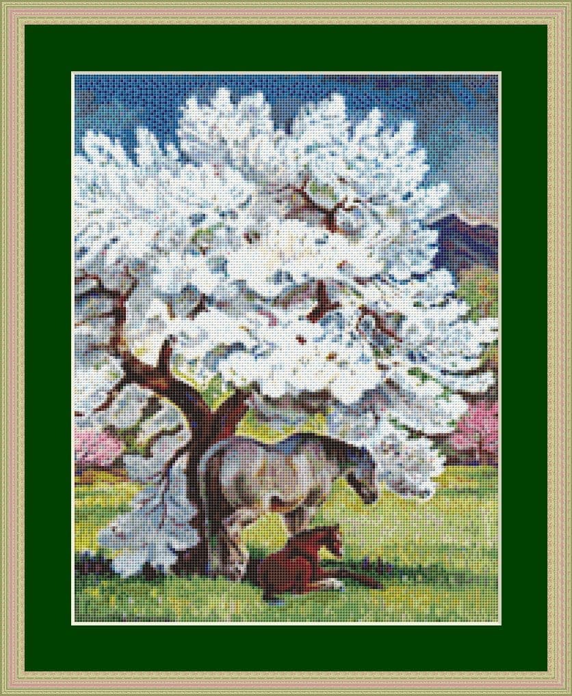 Horses and Tree Blossoms Cross Stitch Chart
