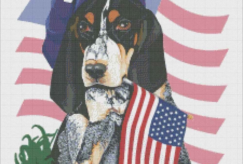 Patriotic Bluetick Coonhound Cross Stitch Pattern