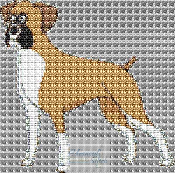 A cross stitch pattern of a boxer dog.
