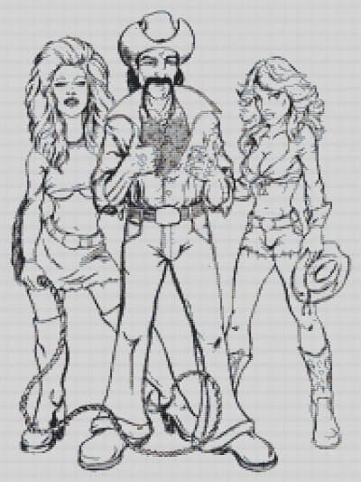 A drawing of a cowboy and two women.