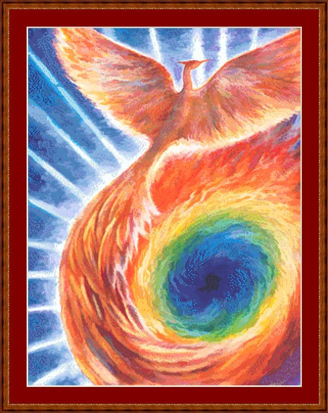 A cross stitch pattern of a phoenix.