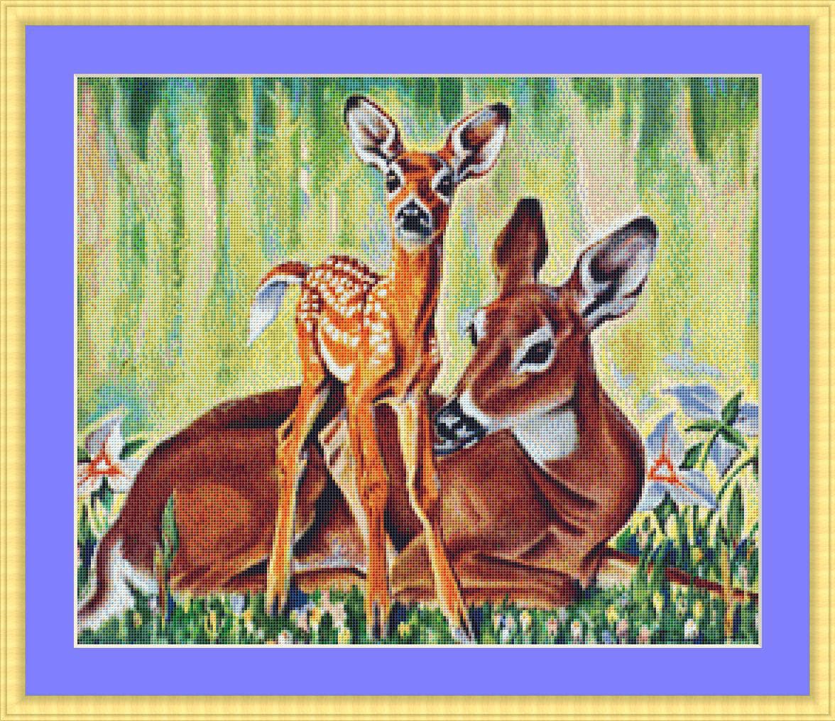 Doe and Fawn in Forest Cross Stitch Chart
