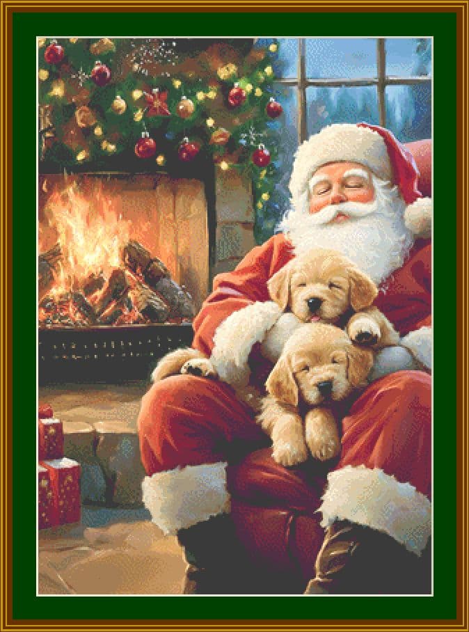 Santa Holding Puppies Cross Stitch Chart